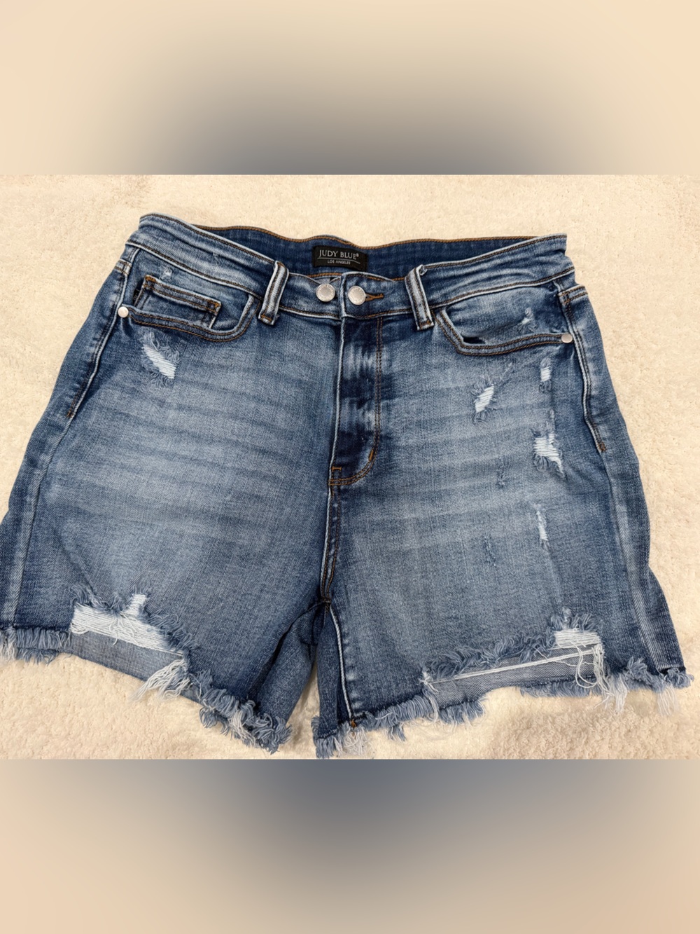 Judy Blue Medium Indigo Distressed Frayed-Hem Denim Shorts